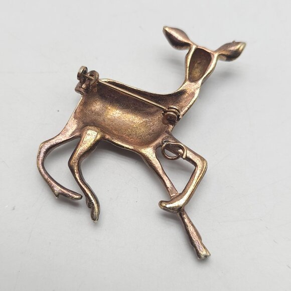 Vintage Copper Fawn Deer Brooch With Rhinestones Red Eyes LOOK AT ALL PICS - Picture 3 of 6